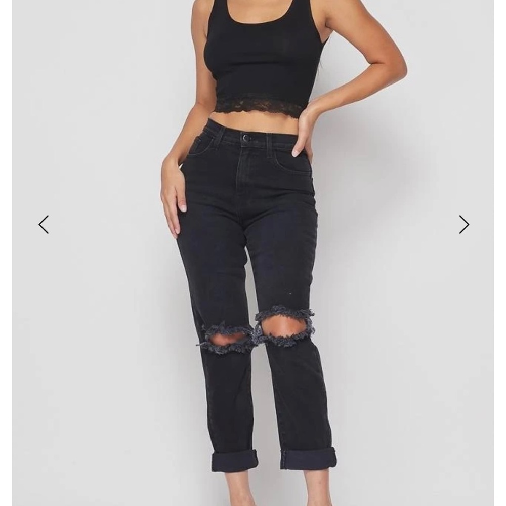 High waisted, Straight leg, Ripped Black Jeans